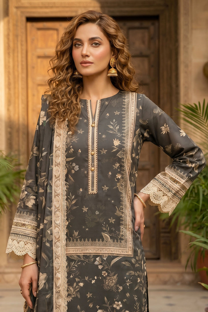 Dark Grey 3 Piece Unstitched Premium Printed Lawn