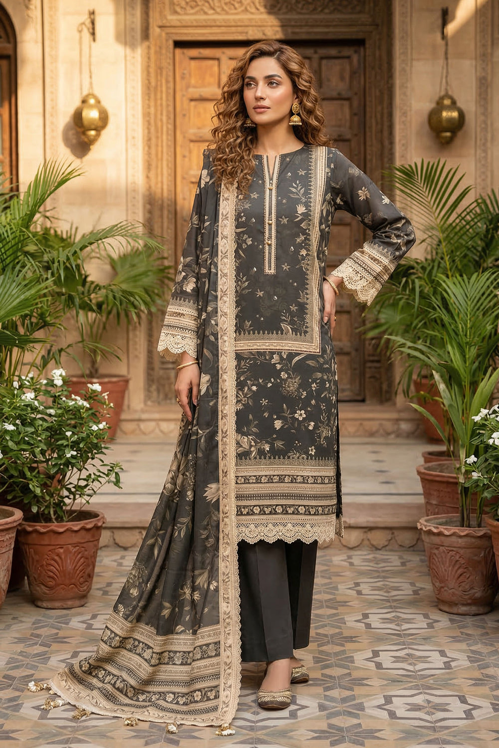 Dark Grey 3 Piece Unstitched Premium Printed Lawn