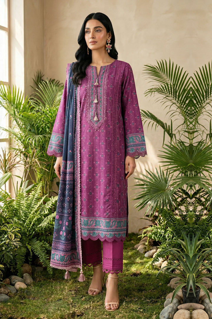 Dark Raspberry 3 Piece Unstitched Premium Printed Lawn Suit By Jacquard Clothing Summer 2026 Hania Manahil Collection