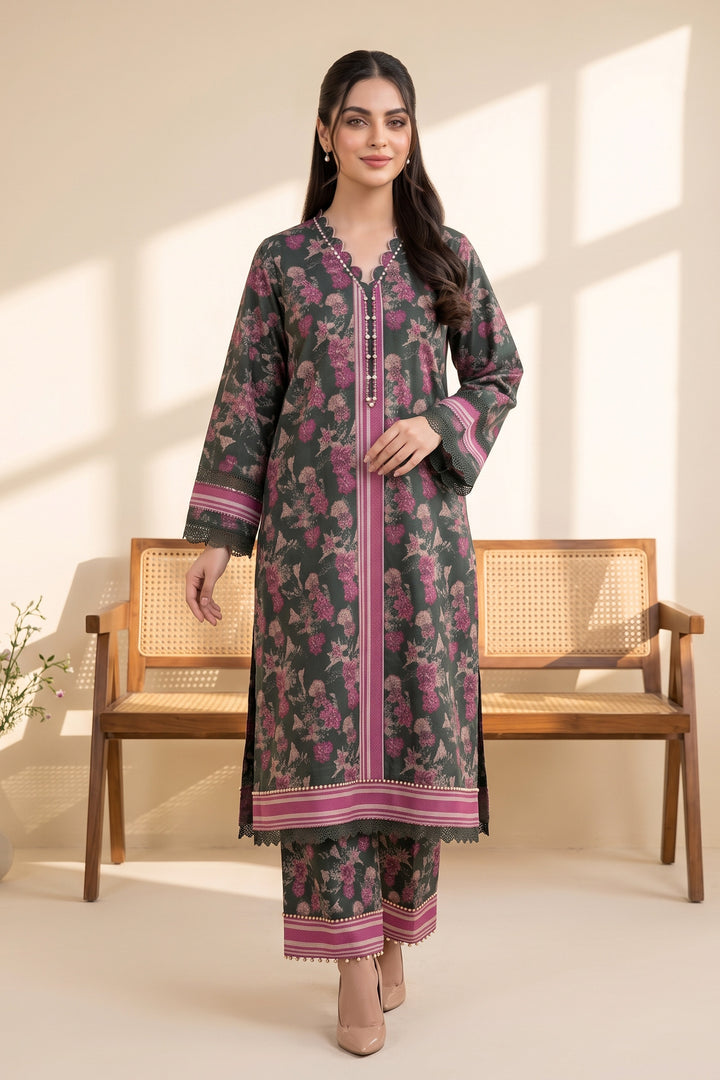 Dark Slate Gray 2 Piece Unstitched Printed Cambric Co-Ord Set
