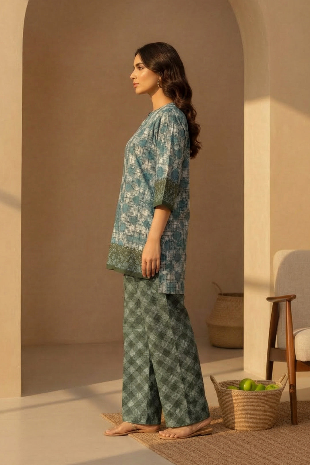 Dark Tan 2 Pc Unstitched Printed Cambric Co-Ord Set