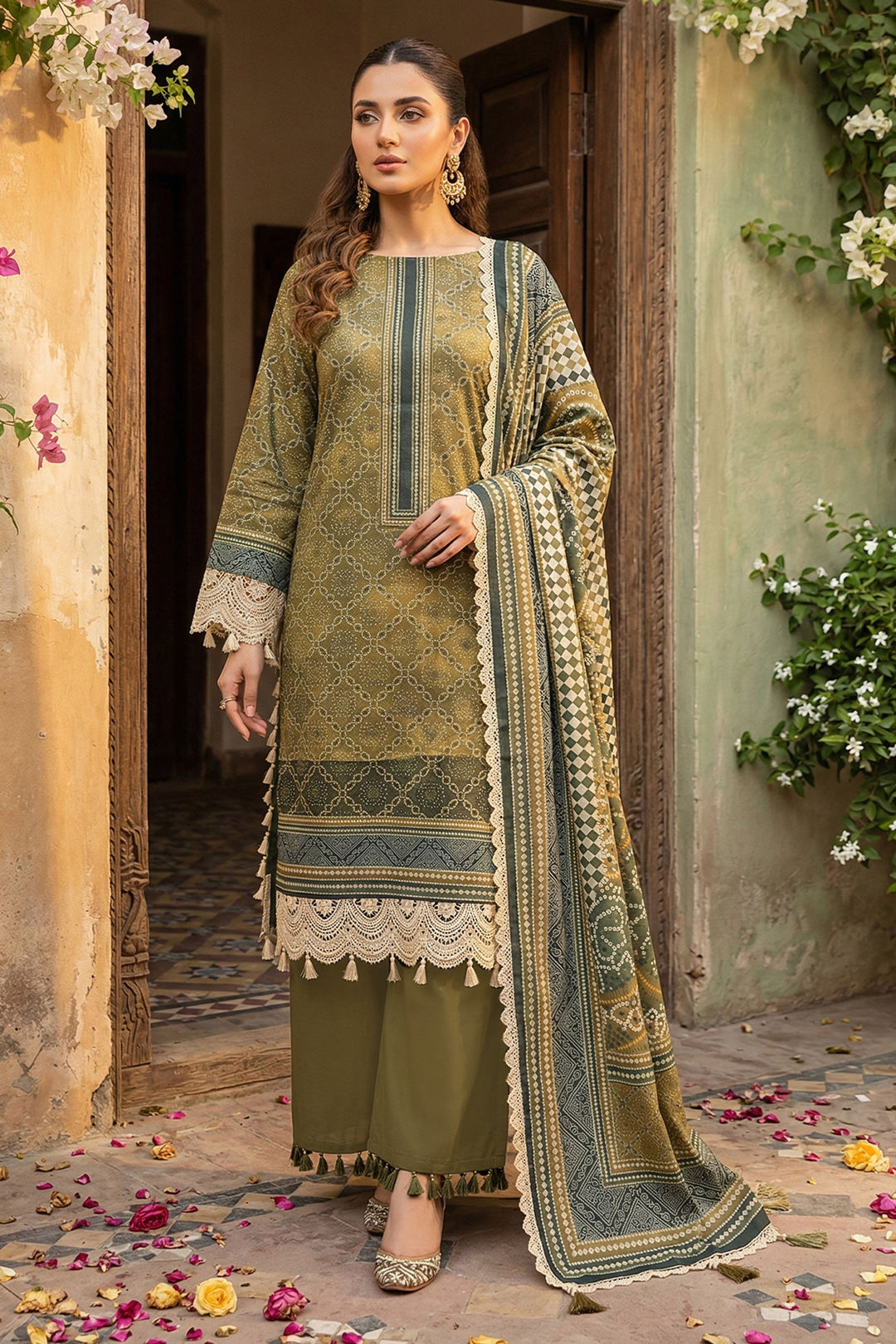 Dark Tan 3 Piece Unstitched Premium Printed Lawn