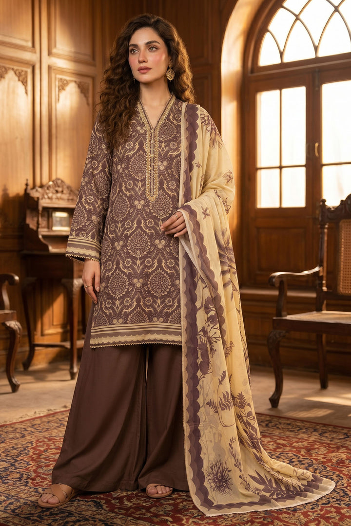 Deep Coffee 3 Piece Unstitched Premium Printed Lawn Suit By Jacquard Clothing Summer Collection 2026