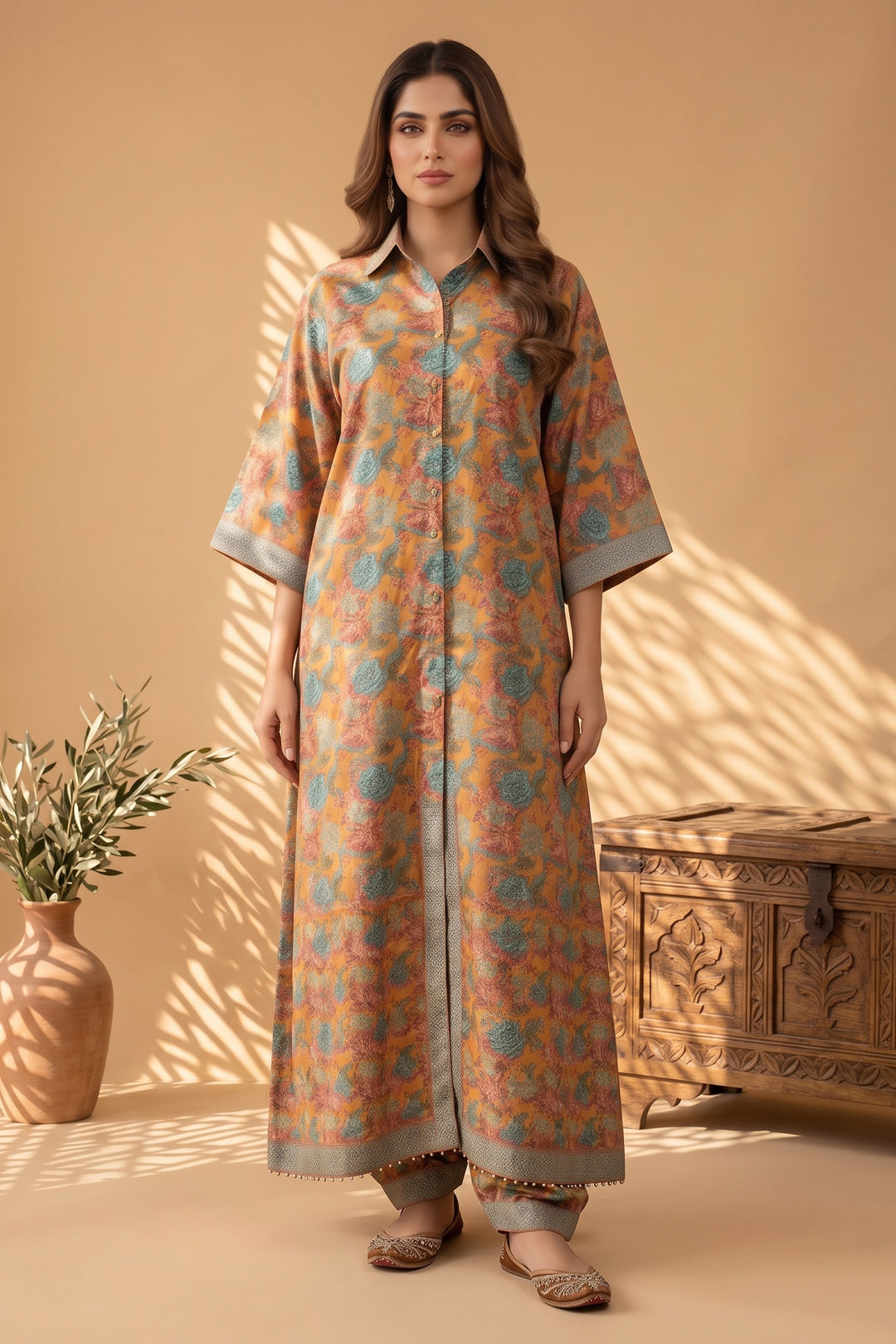 Dull Orange 2 Piece Unstitched Printed Cambric Co-Ord Set