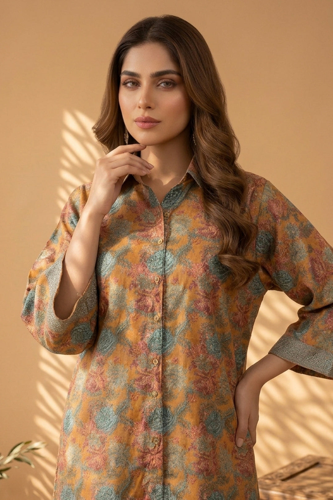 Dull Orange 2 Piece Unstitched Printed Cambric Co-Ord Set