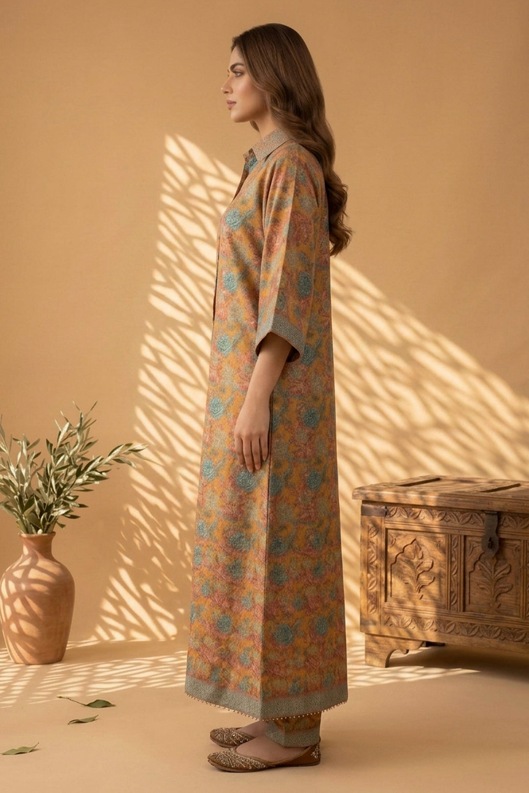 Dull Orange 2 Piece Unstitched Printed Cambric Co-Ord Set