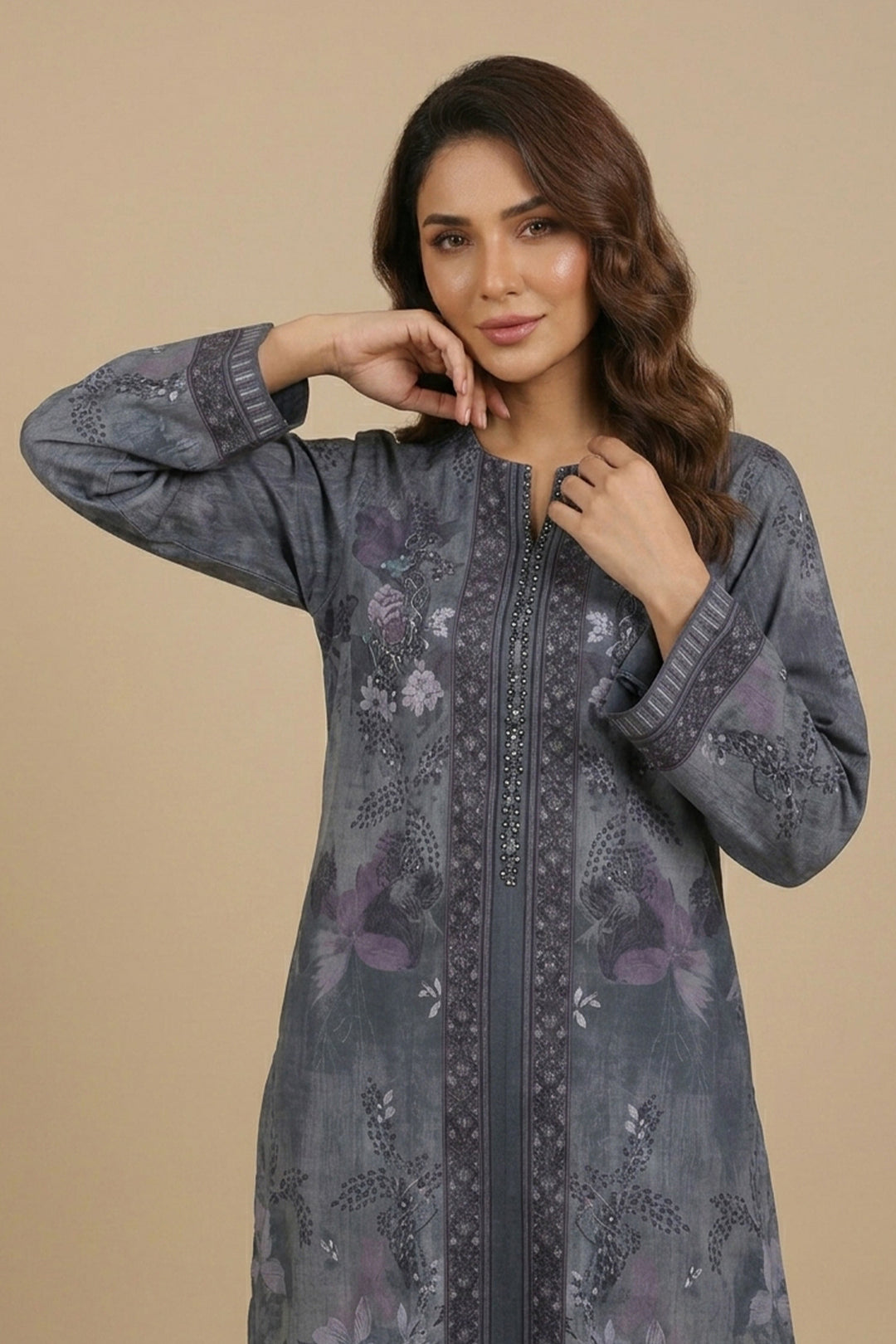 Gray 2 Piece Unstitched Printed Cambric Co-Ord Set