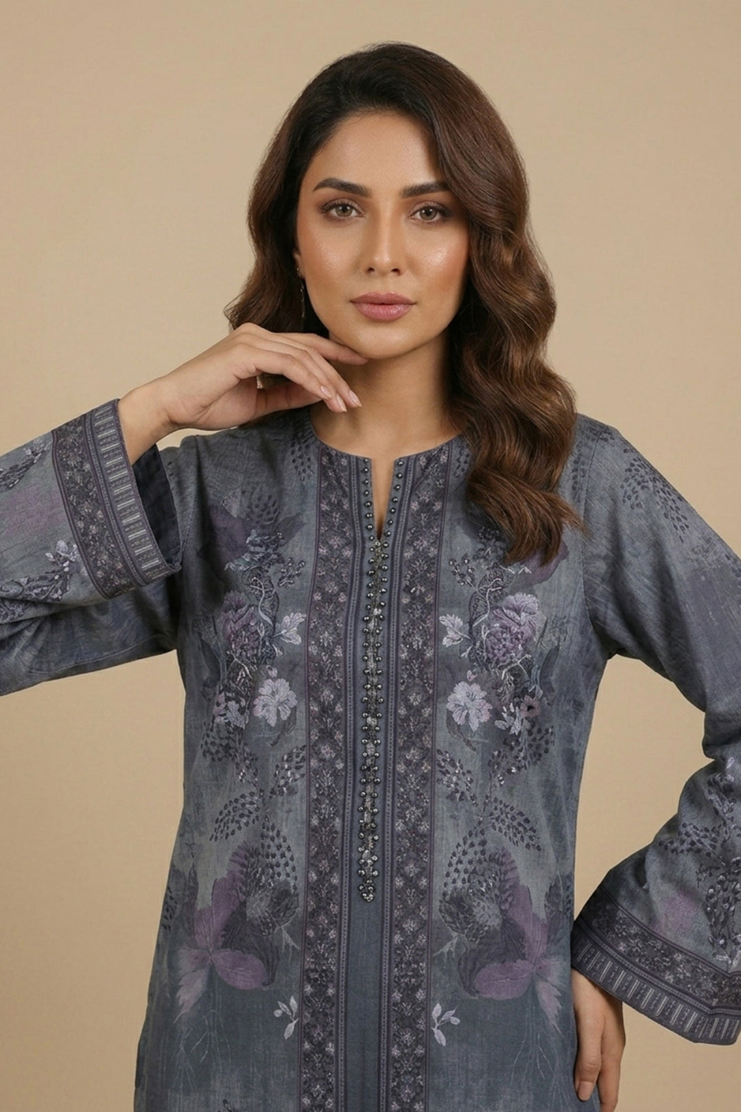 Gray 2 Piece Unstitched Printed Cambric Co-Ord Set