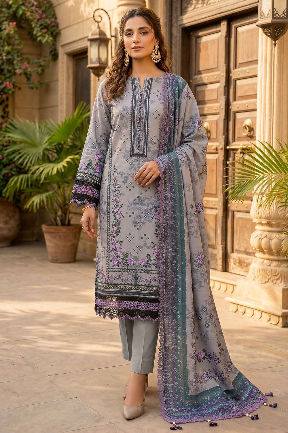 Gray 3 Piece Unstitched Premium Printed Lawn
