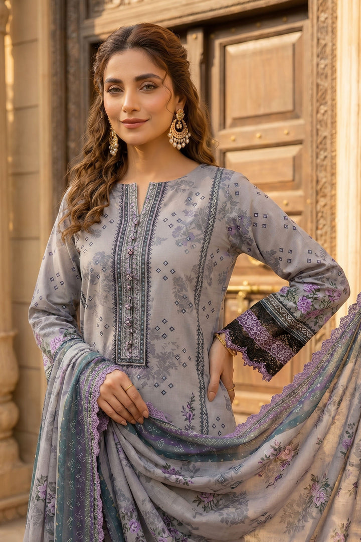Gray 3 Piece Unstitched Premium Printed Lawn