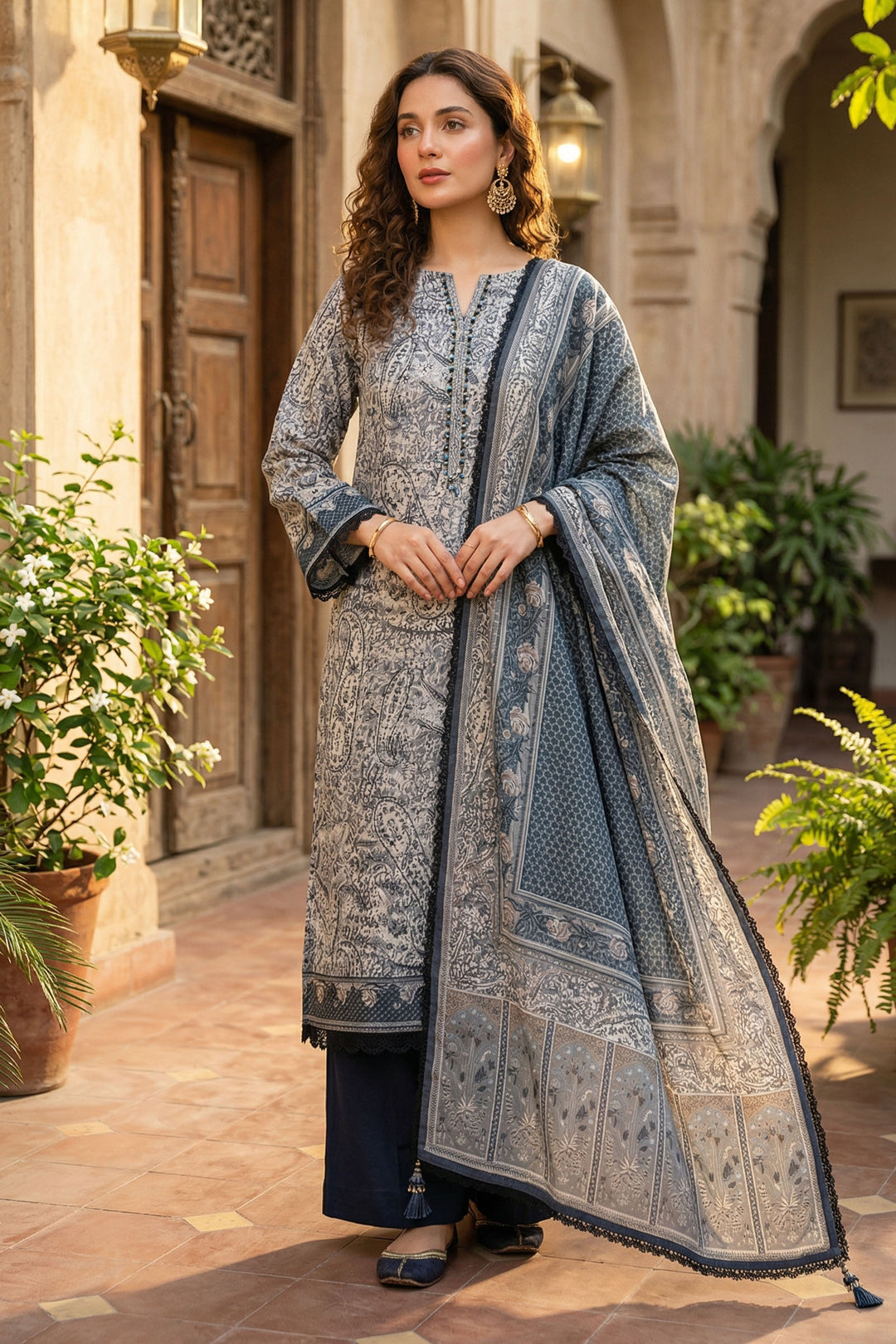 Gray 3 Piece Unstitched Premium Printed Lawn