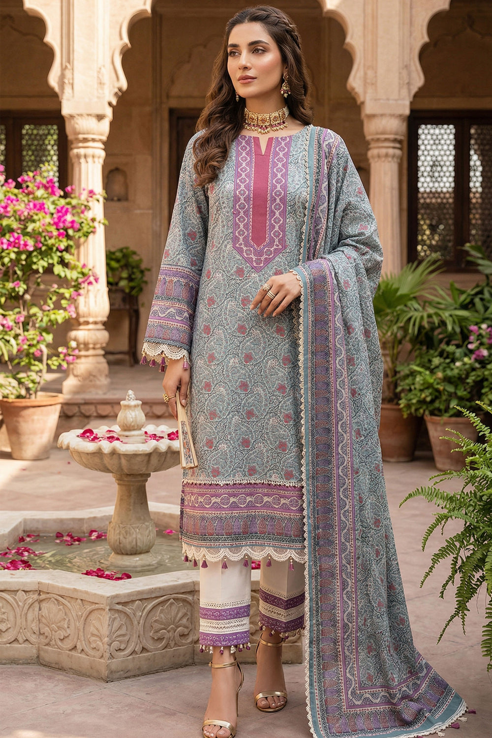 Gray 3 Piece Unstitched Premium Printed Lawn-jacquard