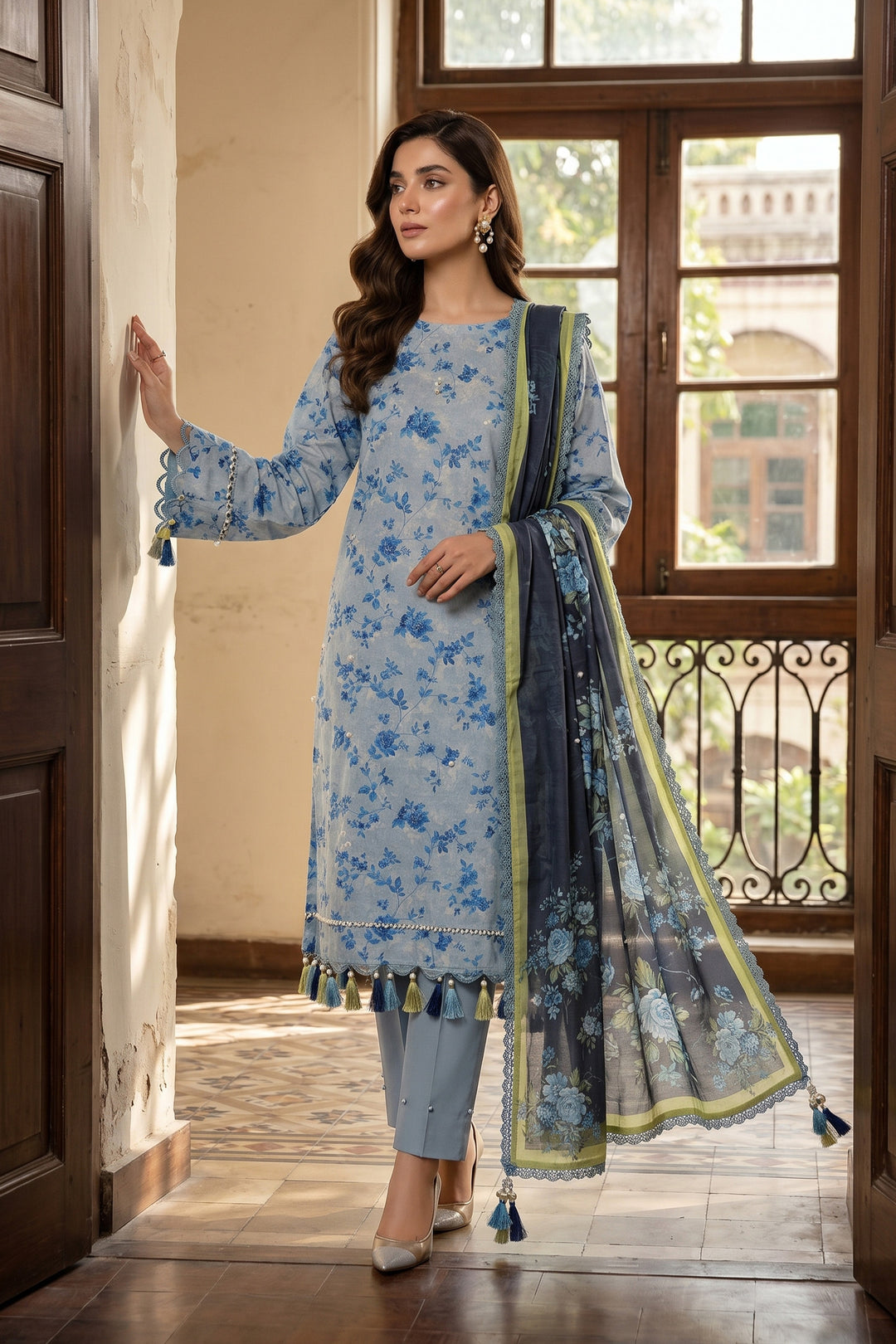 Grayish Blue 3 Piece Unstitched Premium Printed Lawn Suit By Jacquard Clothing Summer Collection 2026
