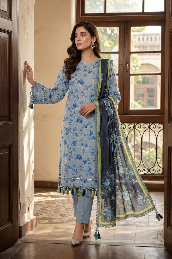 Grayish Blue 3 Piece Unstitched Premium Printed Lawn Suit By Jacquard Clothing Summer Collection 2026