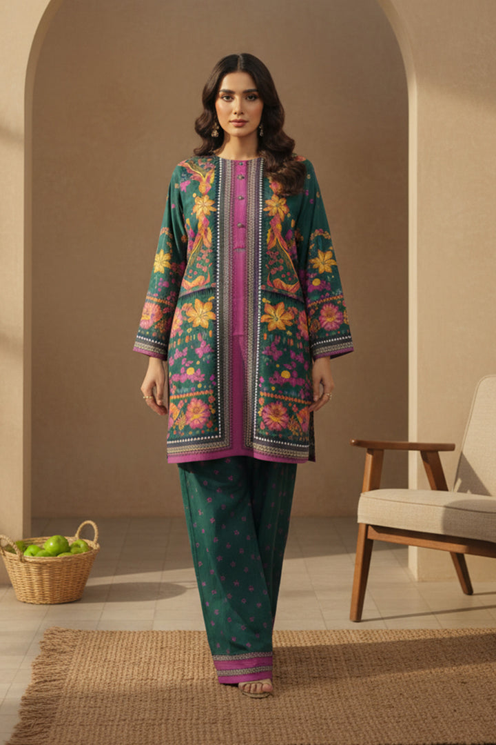 Green 2 Pc Unstitched Printed Cambric Co-Ord Set