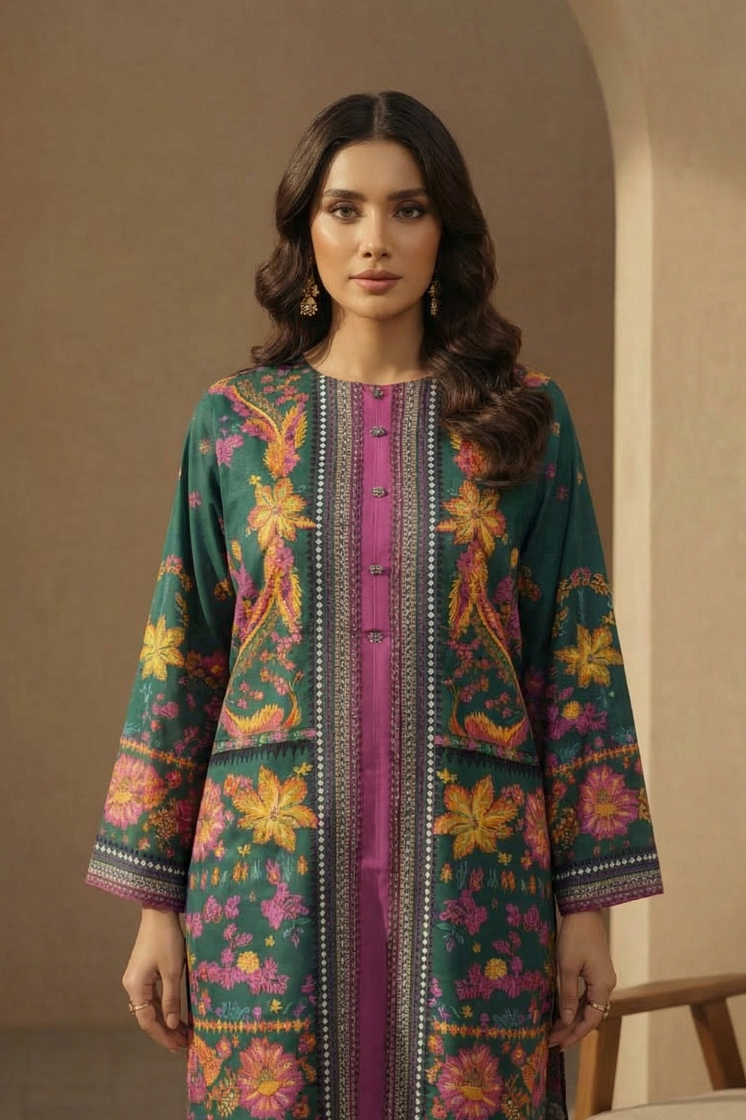 Green 2 Pc Unstitched Printed Cambric Co-Ord Set