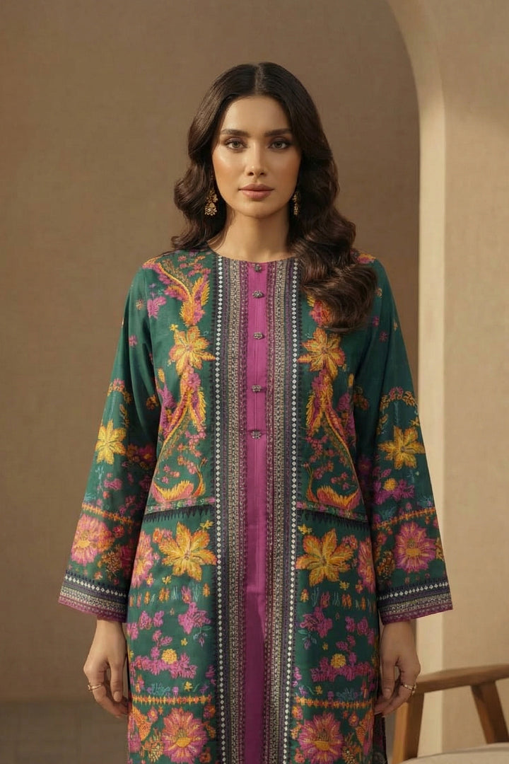 Green 2 Pc Unstitched Printed Cambric Co-Ord Set