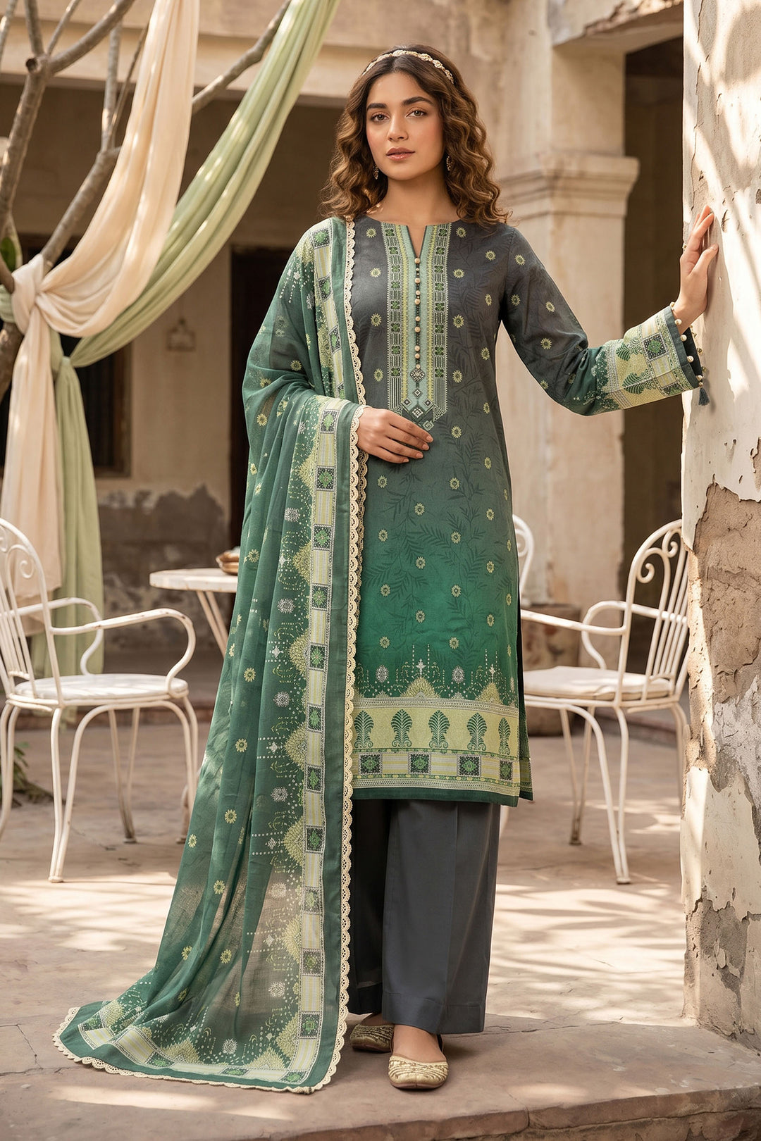 Green 3 Piece Unstitched Premium Printed Lawn Suit By Jacquard Clothing Summer Collection