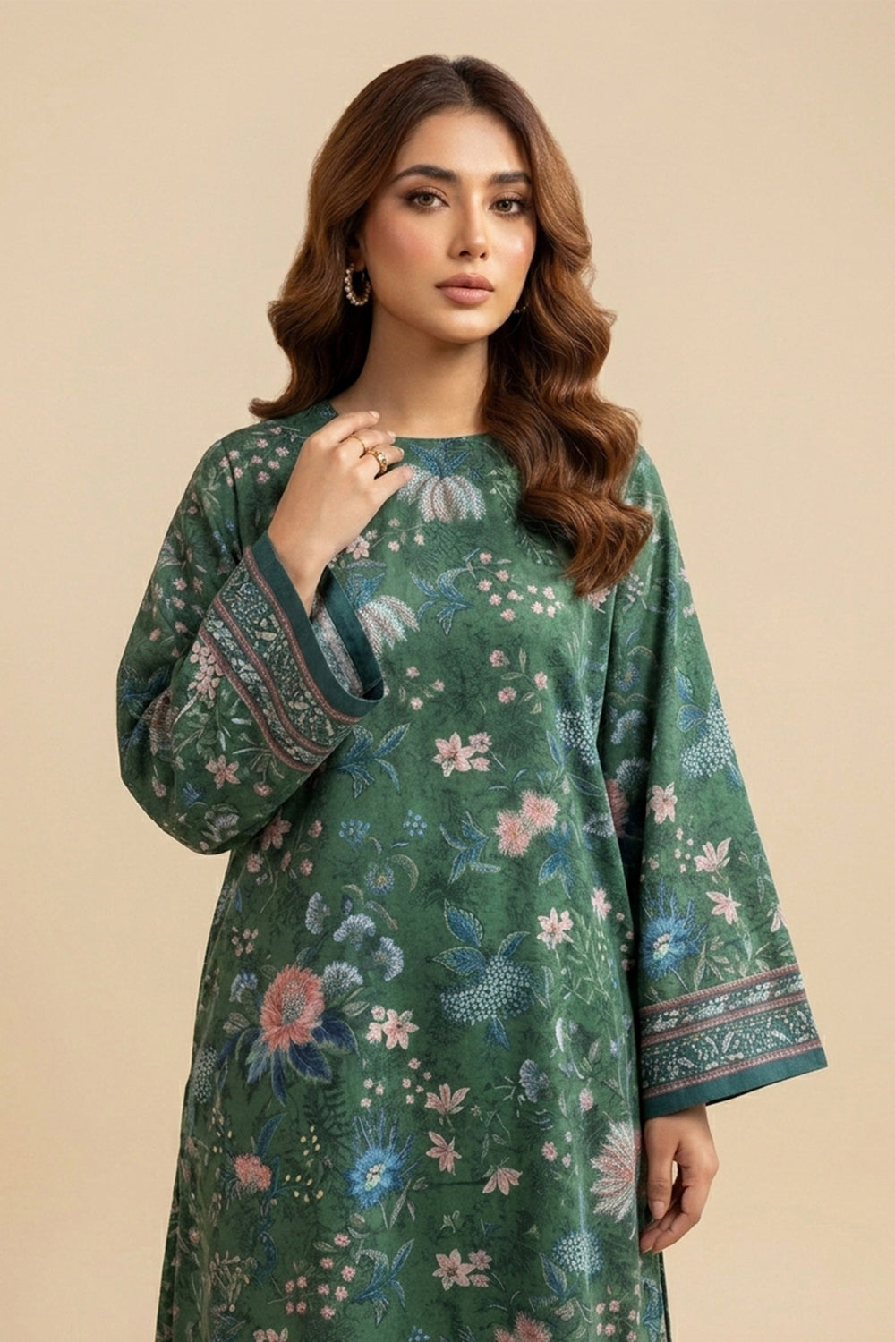 Hunter Green 2 Piece Unstitched Printed Cambric Co-Ord Set