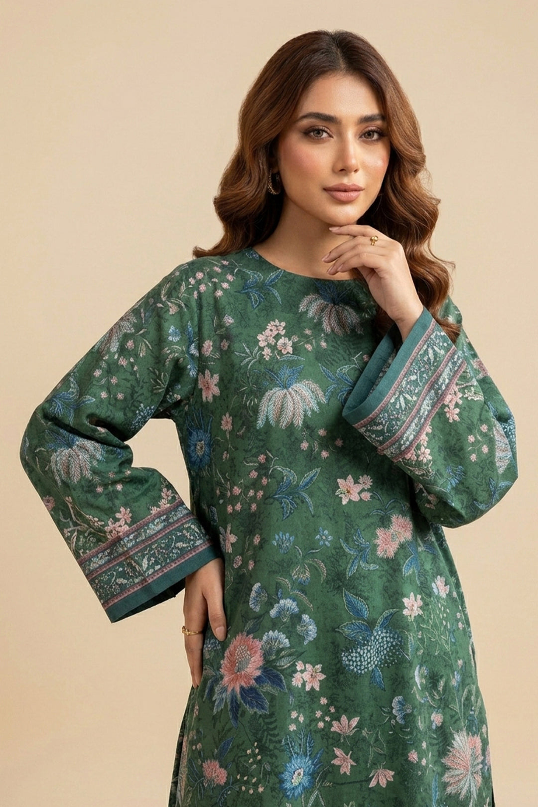 Hunter Green 2 Piece Unstitched Printed Cambric Co-Ord Set