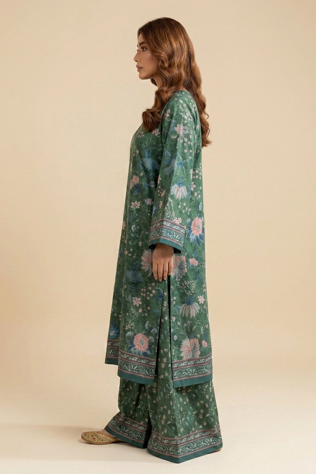Hunter Green 2 Piece Unstitched Printed Cambric Co-Ord Set