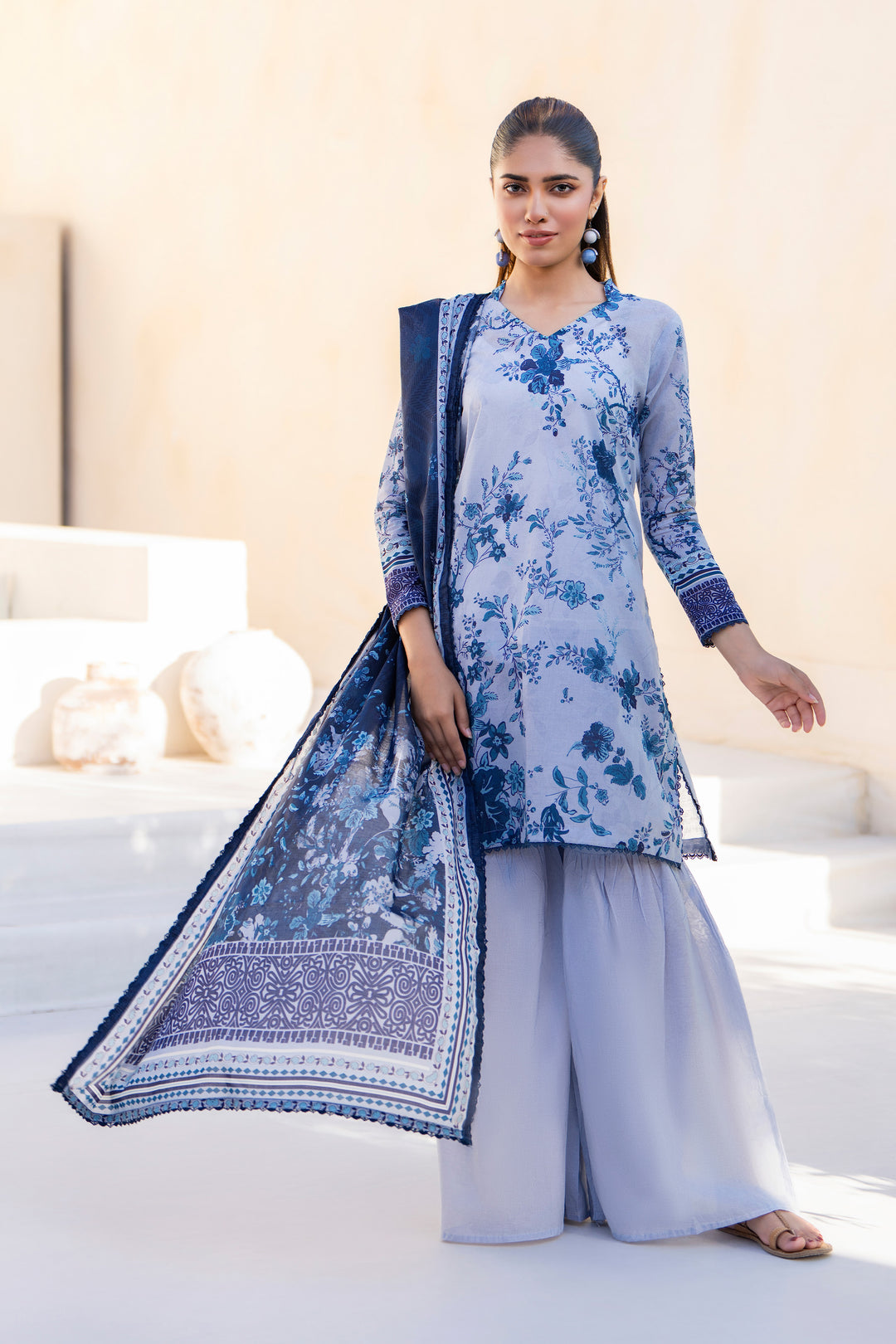 Ice Blue 3 Piece Unstitched Premium Lawn - SU25V9-S1 - JACQUARD CLOTHING
