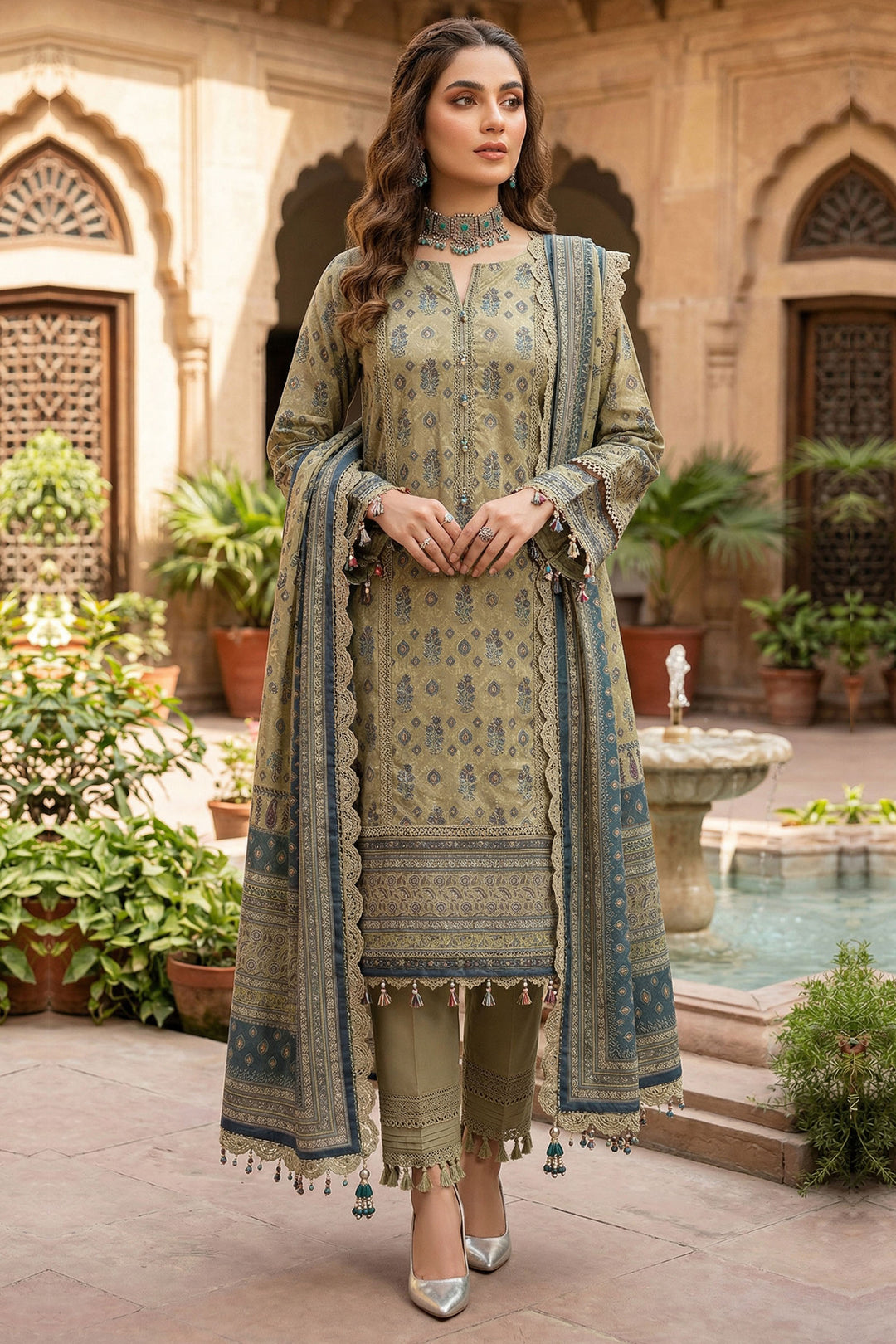 Khaki 3 Piece Unstitched Premium Printed Lawn Suit By Jacquard Clothing Safa Iman Summer Collection