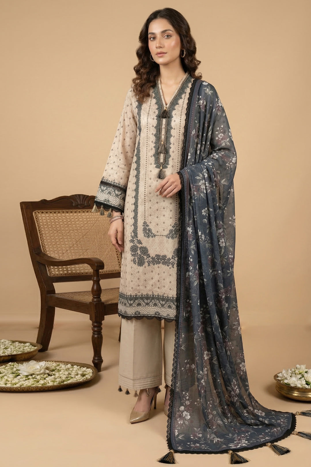 Khaki 3 Piece Unstitched Premium Printed Lawn Suit By Jacquard Clothing Summer Collection 2026