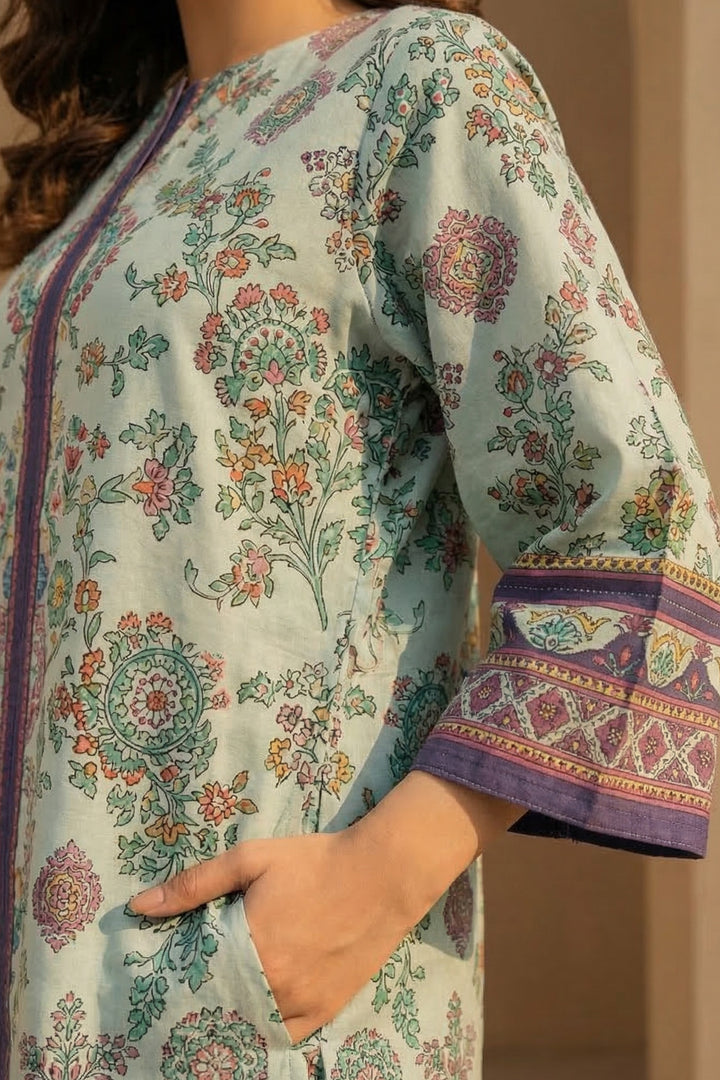 Laurel Green 2 Pc Unstitched Printed Cambric Co-Ord Set