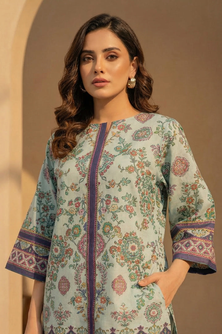 Laurel Green 2 Pc Unstitched Printed Cambric Co-Ord Set