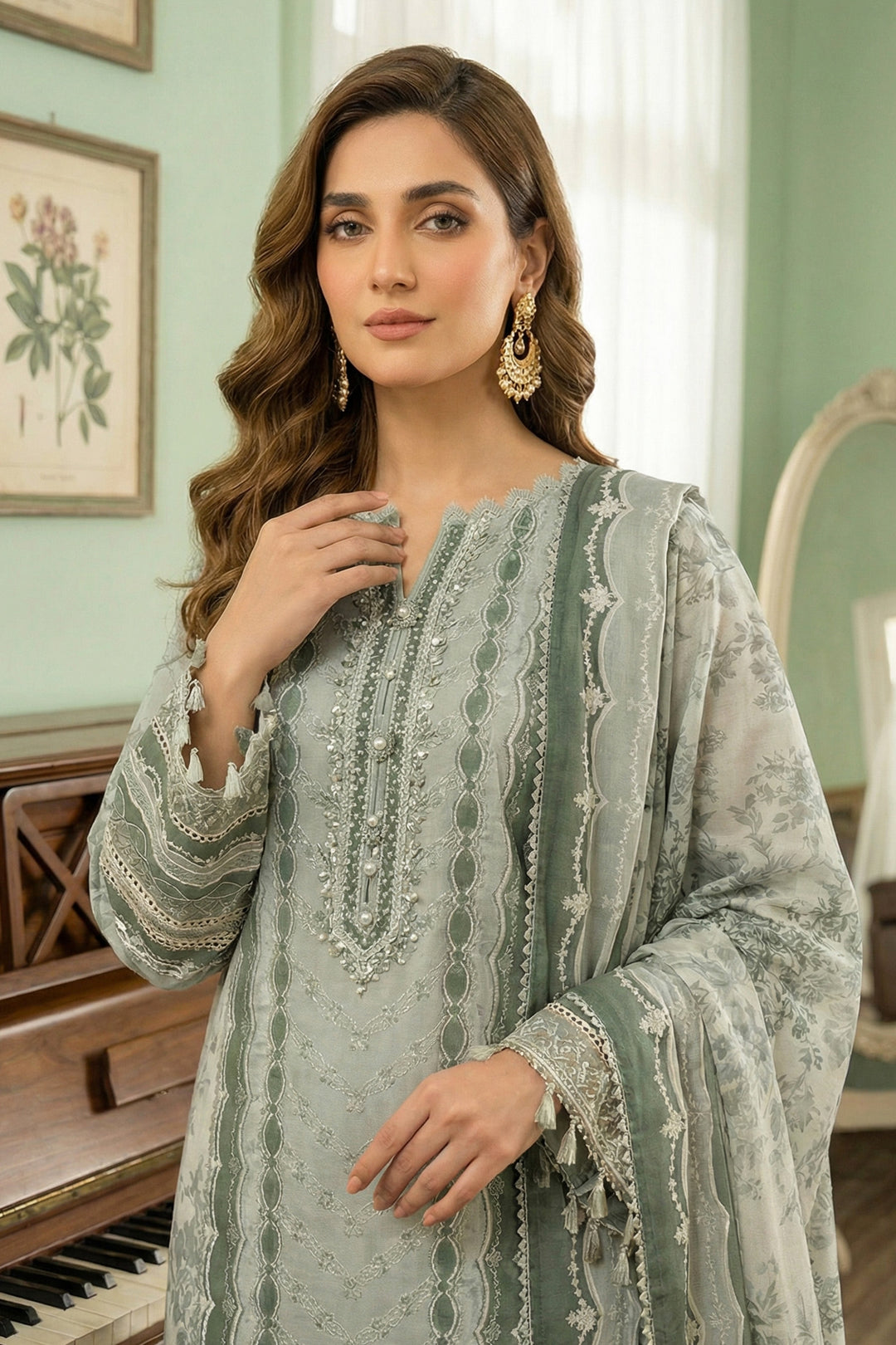 Laurel Green 3 Piece Unstitched Premium Printed Lawn