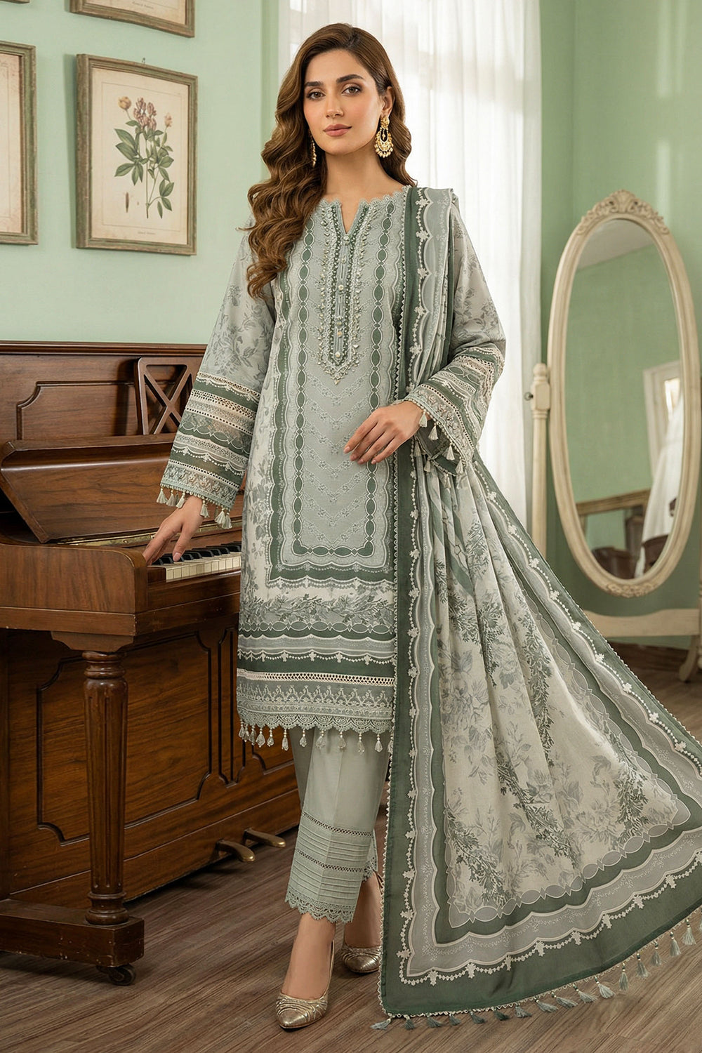 Laurel Green 3 Piece Unstitched Premium Printed Lawn