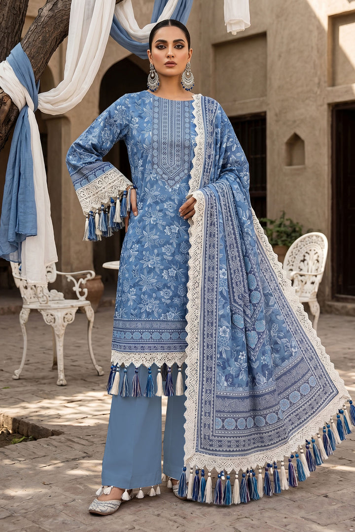 Light Blue 3 Piece Unstitched Premium Printed Lawn Suit By Jacquard Clothing Summer Collection