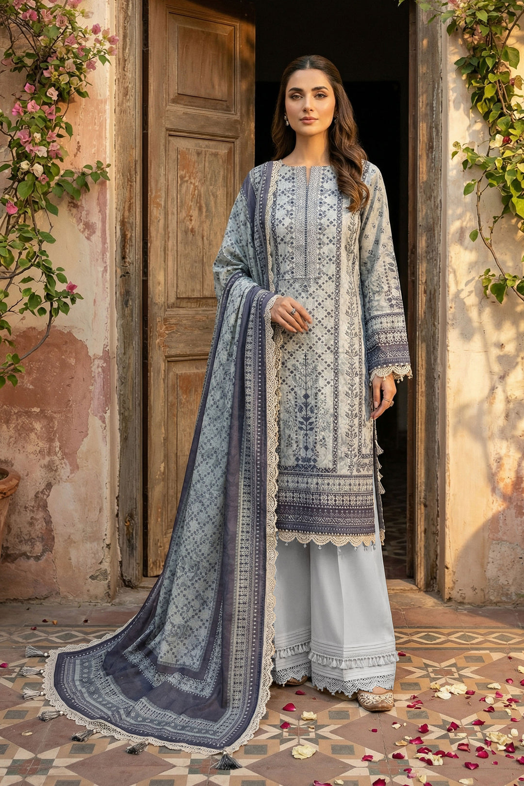 Light Gray 3 Piece Unstitched Premium Printed Lawn Suit - Jacquard Wirsa By Zainab Collection Summer 2026