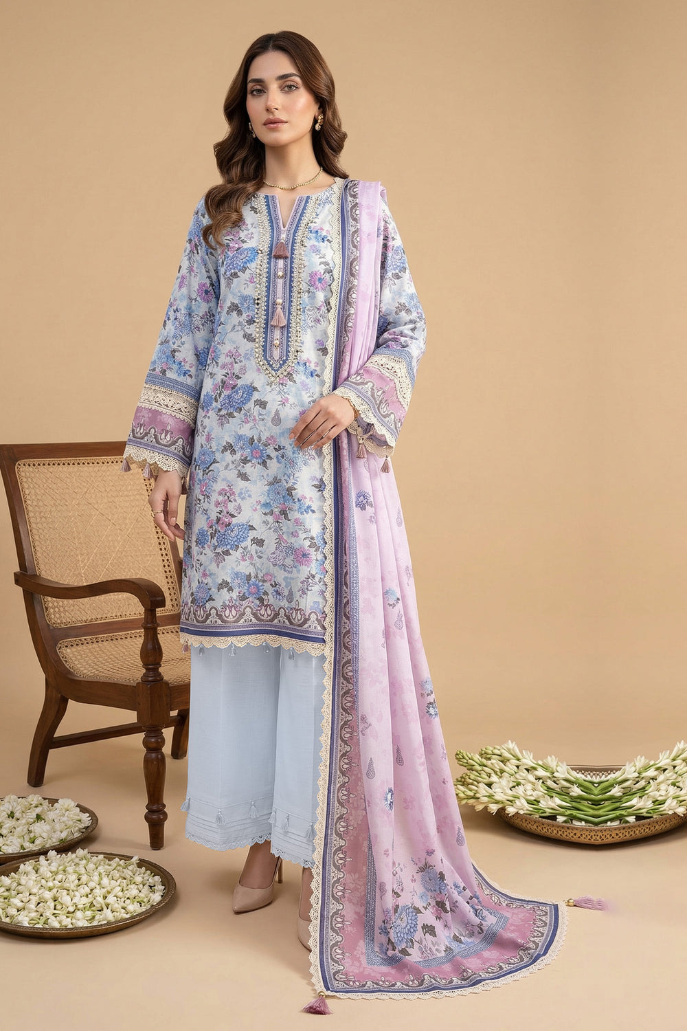 Light Gray 3 Piece Unstitched Premium Printed Lawn Suit By Jacquard Clothing Summer Collection 2026
