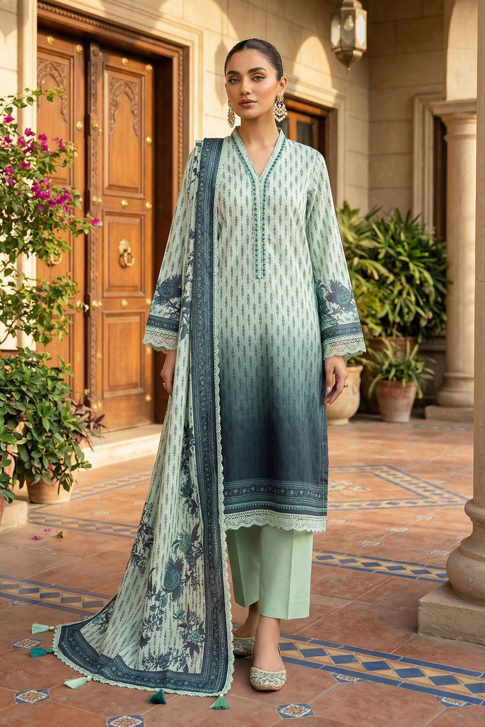 Light Green 3 Piece Unstitched Premium Printed Lawn