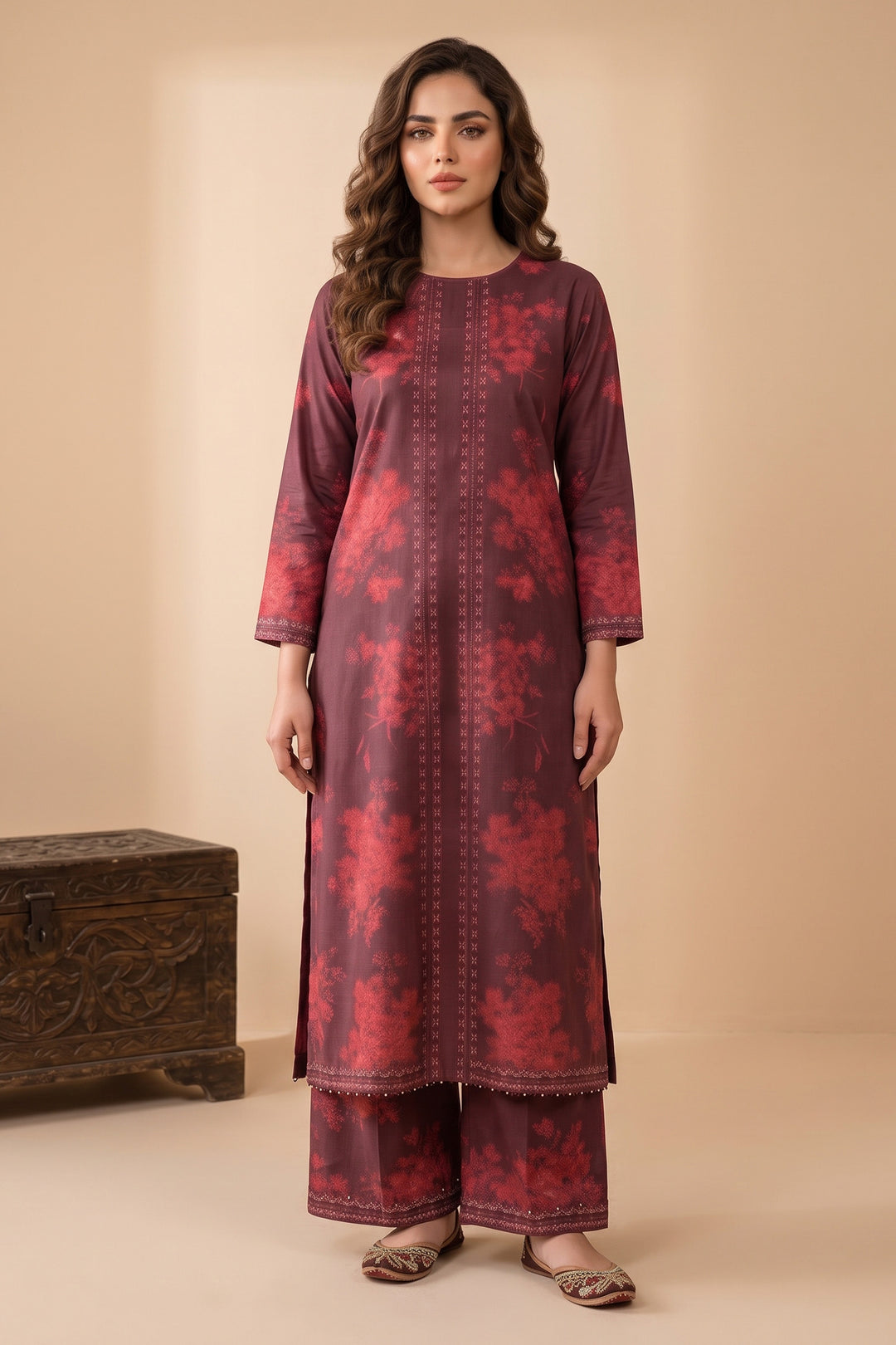 Maroon 2 Piece Unstitched Printed Cambric Co-Ord Set