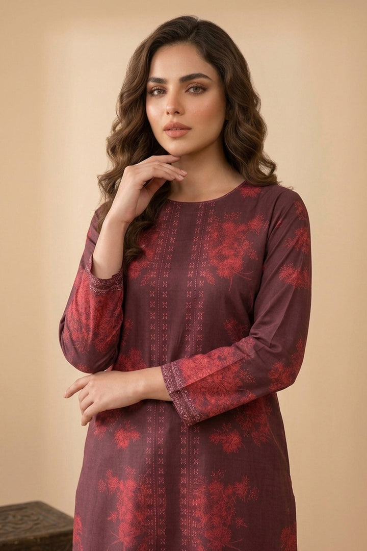 Maroon 2 Piece Unstitched Printed Cambric Co-Ord Set