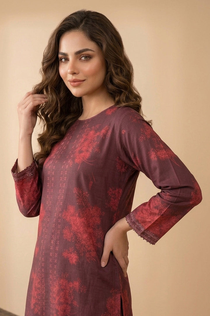 Maroon 2 Piece Unstitched Printed Cambric Co-Ord Set