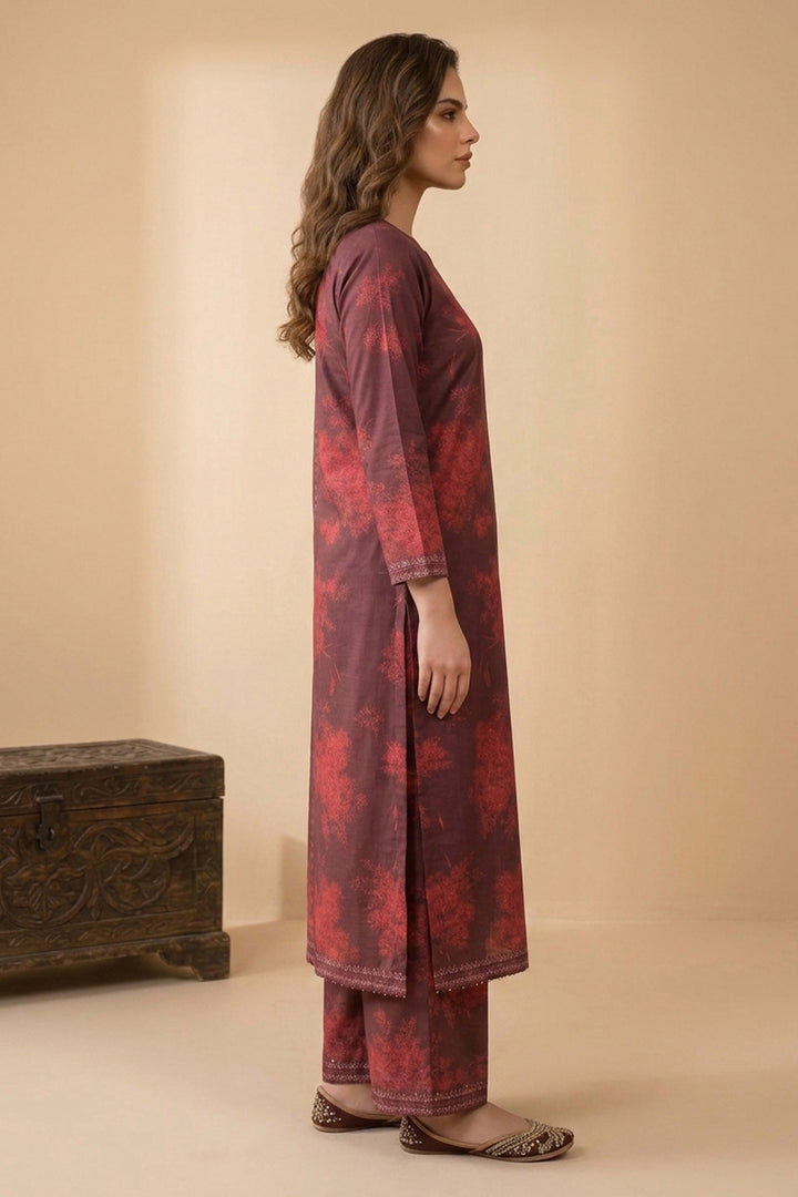 Maroon 2 Piece Unstitched Printed Cambric Co-Ord Set