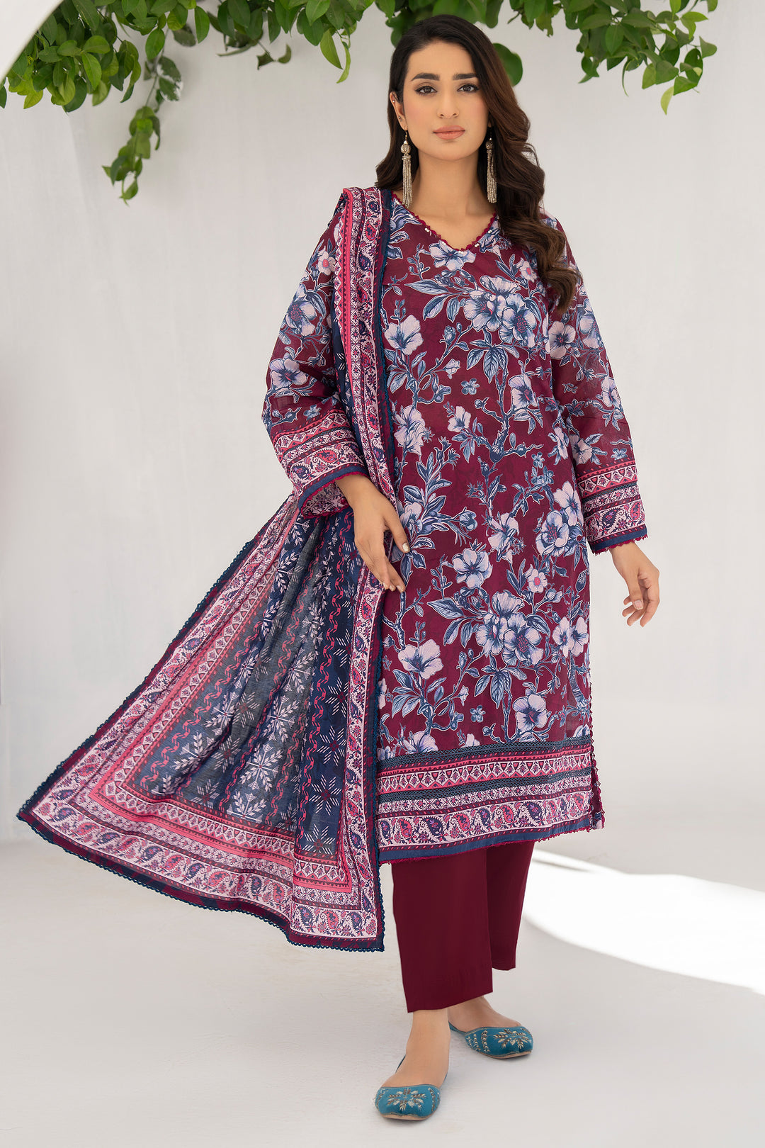 Maroon 3 Piece Unstitched Premium Lawn - SU25V6-S2 - JACQUARD CLOTHING