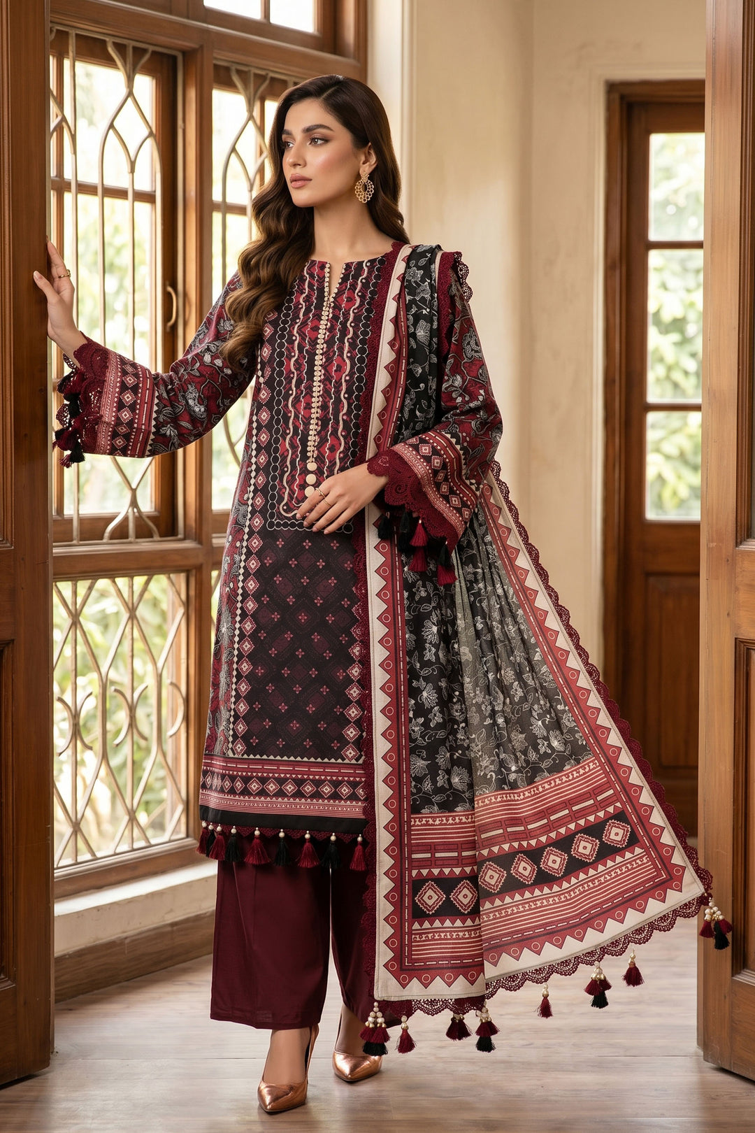 Maroon 3 Piece Unstitched Premium Printed Lawn Suit By Jacquard Clothing Summer Collection 2026