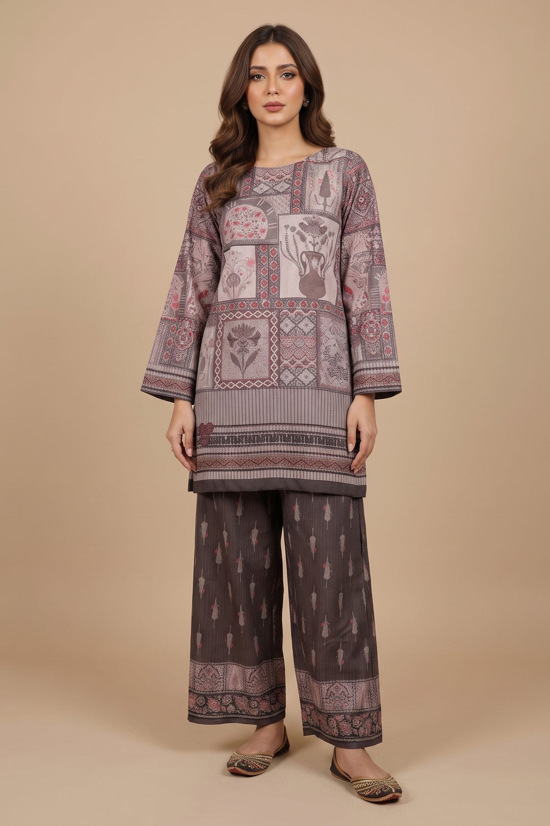 Medium Taupe 2 Piece Unstitched Printed Cambric Co-Ord Set
