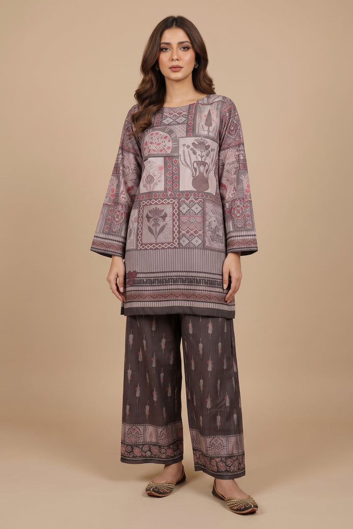 Medium Taupe 2 Piece Unstitched Printed Cambric Co-Ord Set