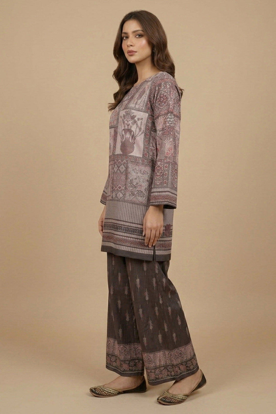 Medium Taupe 2 Piece Unstitched Printed Cambric Co-Ord Set