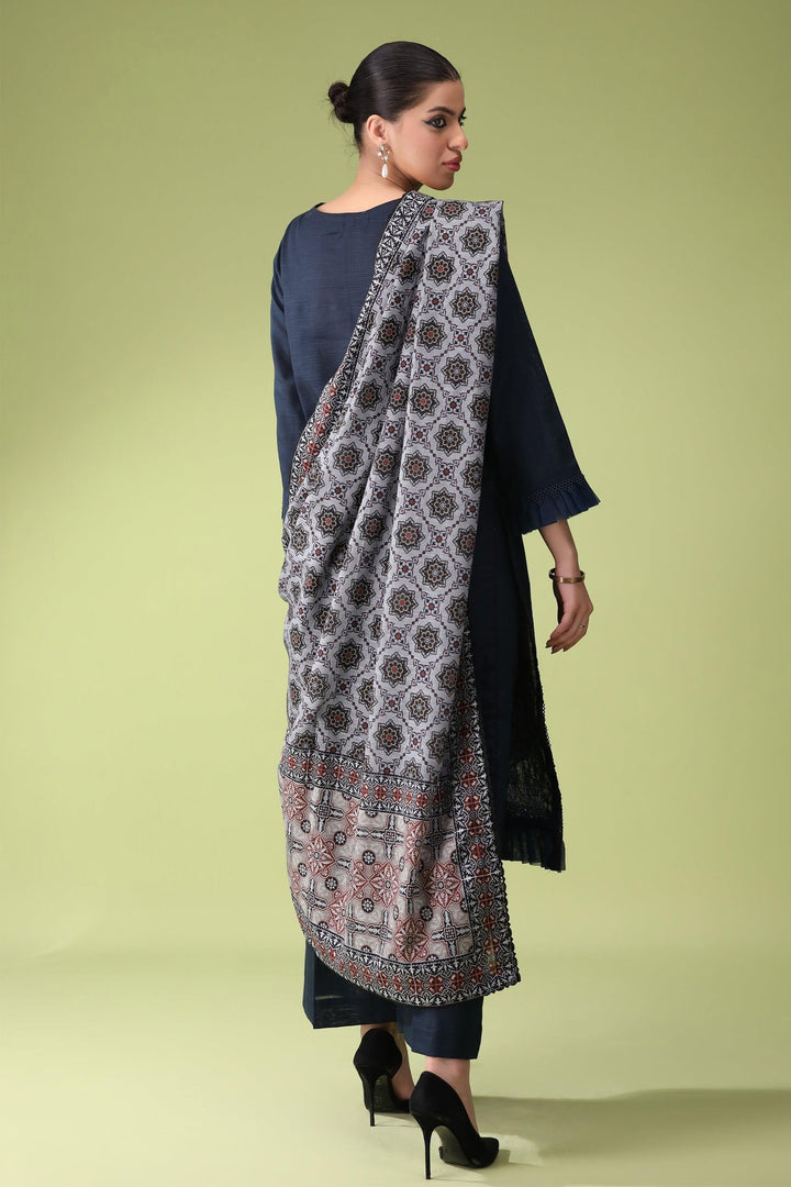Midnight Blue 3 Piece Unstitched Khaddar - Jacquard Clothing