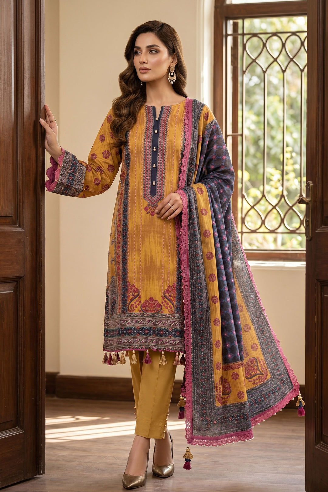 Mustard Orange 3 Piece Unstitched Premium Printed Lawn Suit By Jacquard Clothing Summer Collection 2026