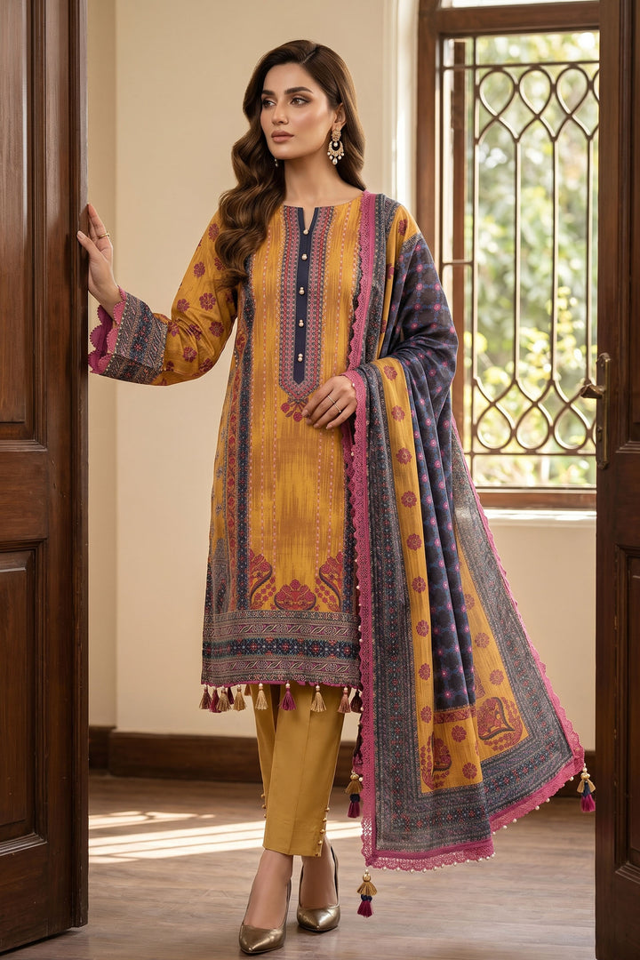 Mustard Orange 3 Piece Unstitched Premium Printed Lawn Suit By Jacquard Clothing Summer Collection 2026
