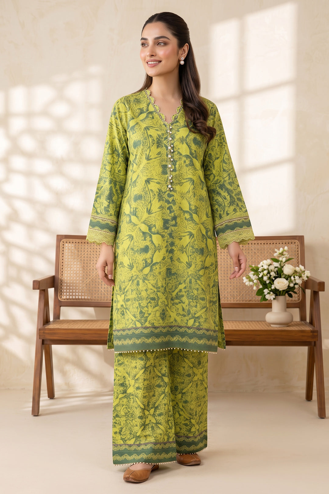 Mustard Yellow 2 Piece  Unstitched Printed Cambric Co-Ord Set
