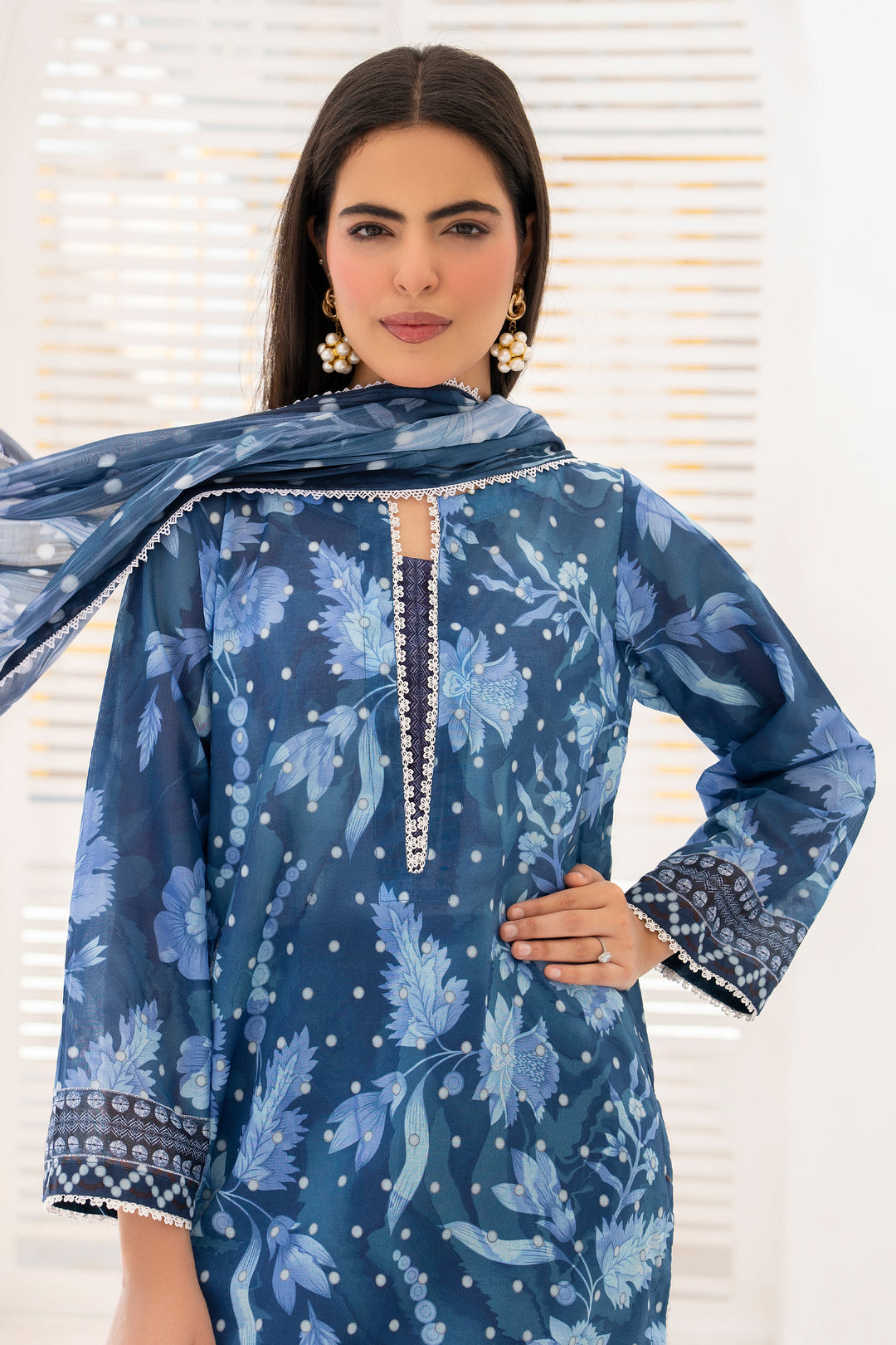 Navy Blue 3 Piece Unstitched Premium Lawn - SU25V7-S7 - JACQUARD CLOTHING